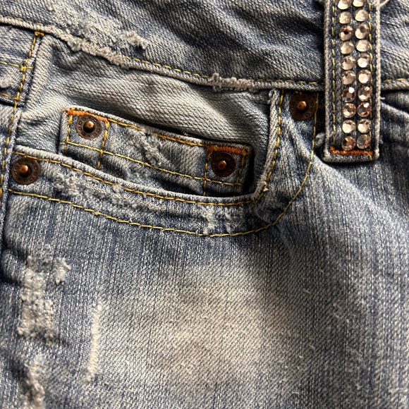 “BEBE” LIGHT BLUE JEANS/SIZE 26US TALL/RHINESTONE LOGO BACK AND FRONT/DISTRESSED - Picture 7 of 13